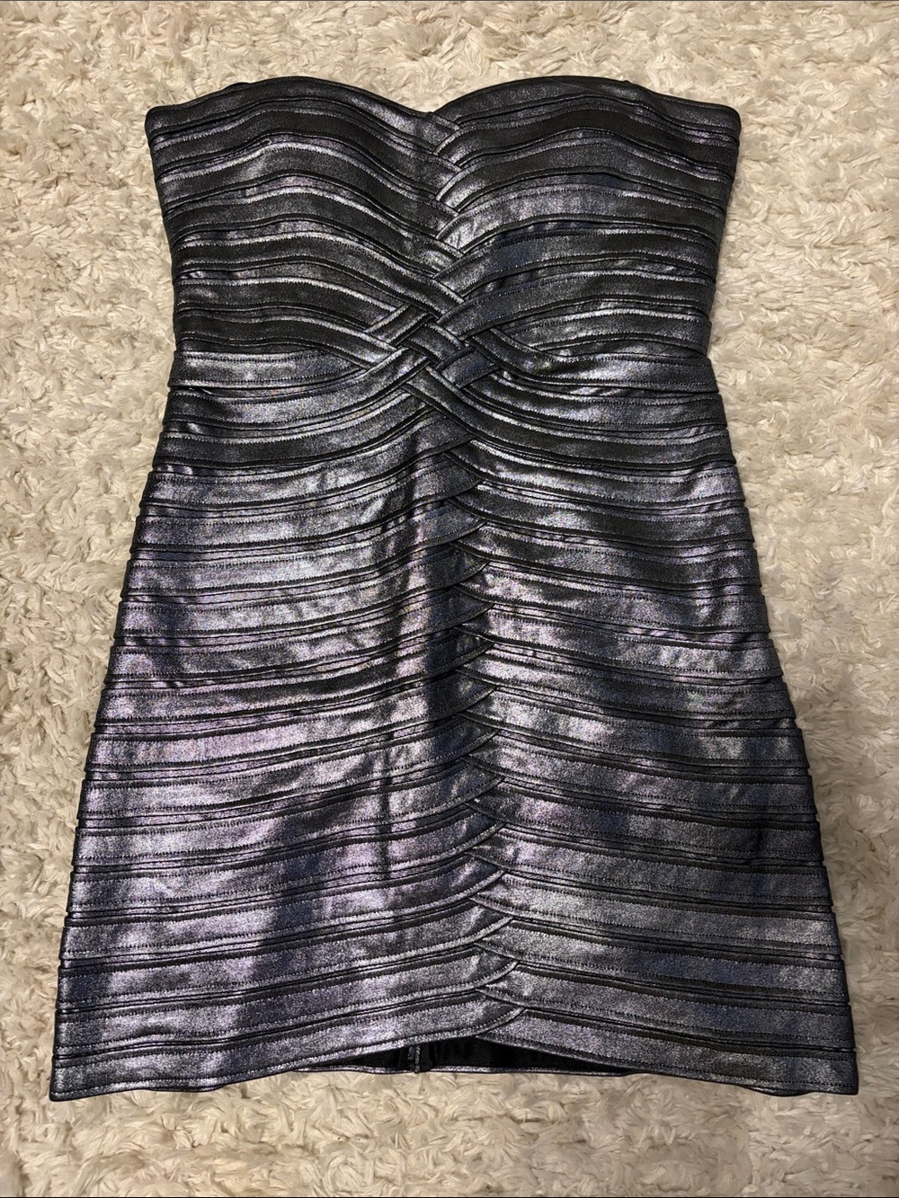 BCBGMaxAzria Iridescent Charcoal Gray Strapless Bandage Dress